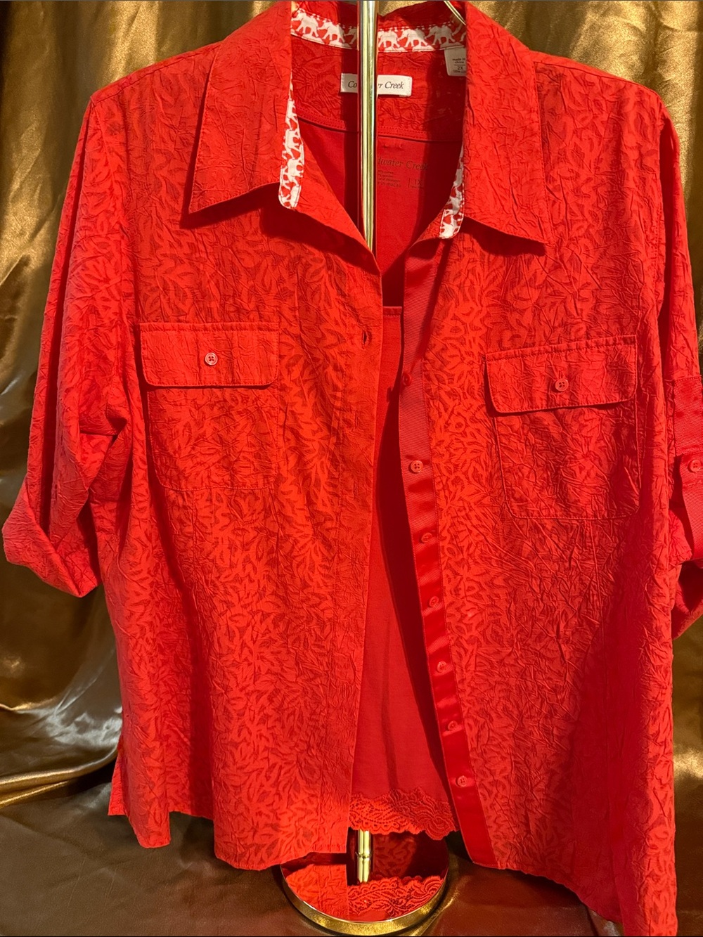 Coldwater Creek Red Textured Button-Up Blouse